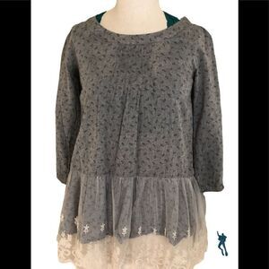 Grey top with ruffles and lace.